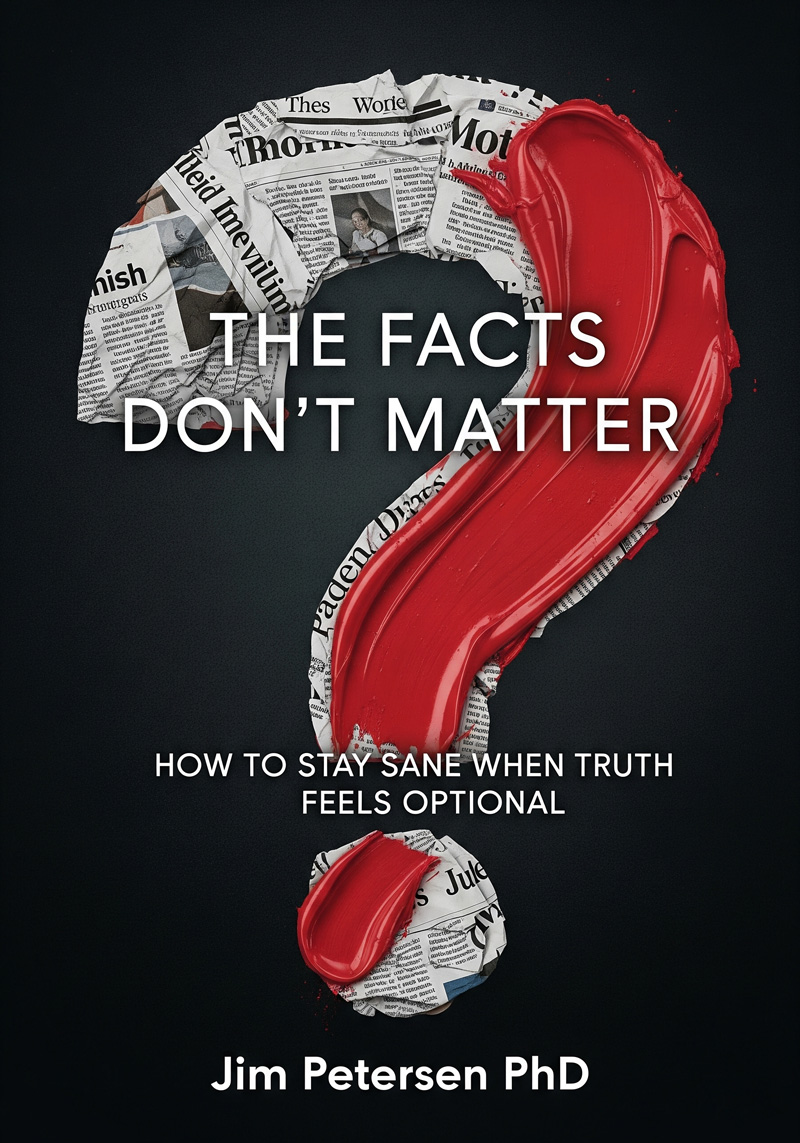 Book cover for The Facts Don't Matter, showing a question mark made of newspaper and red paint.